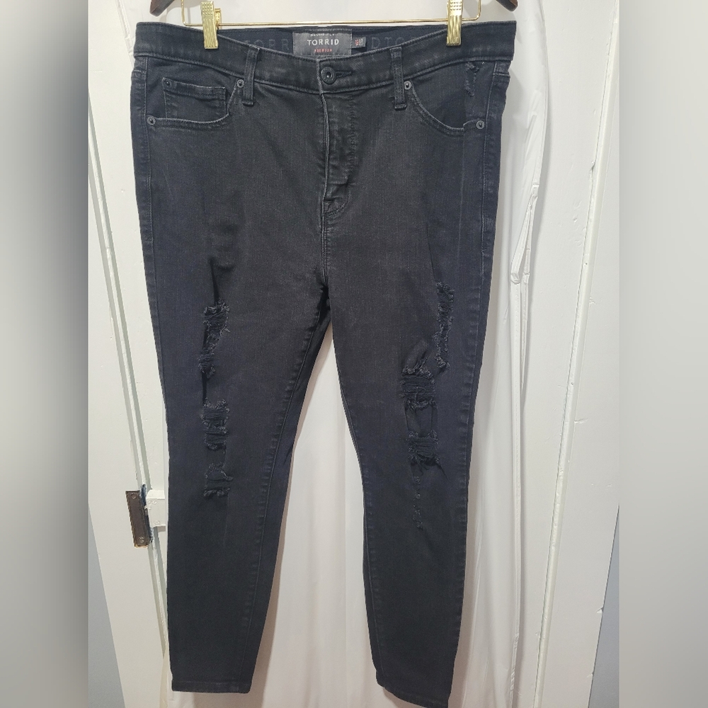 Distressed black premium denim sky-high skinny, control elastic waistband 16s